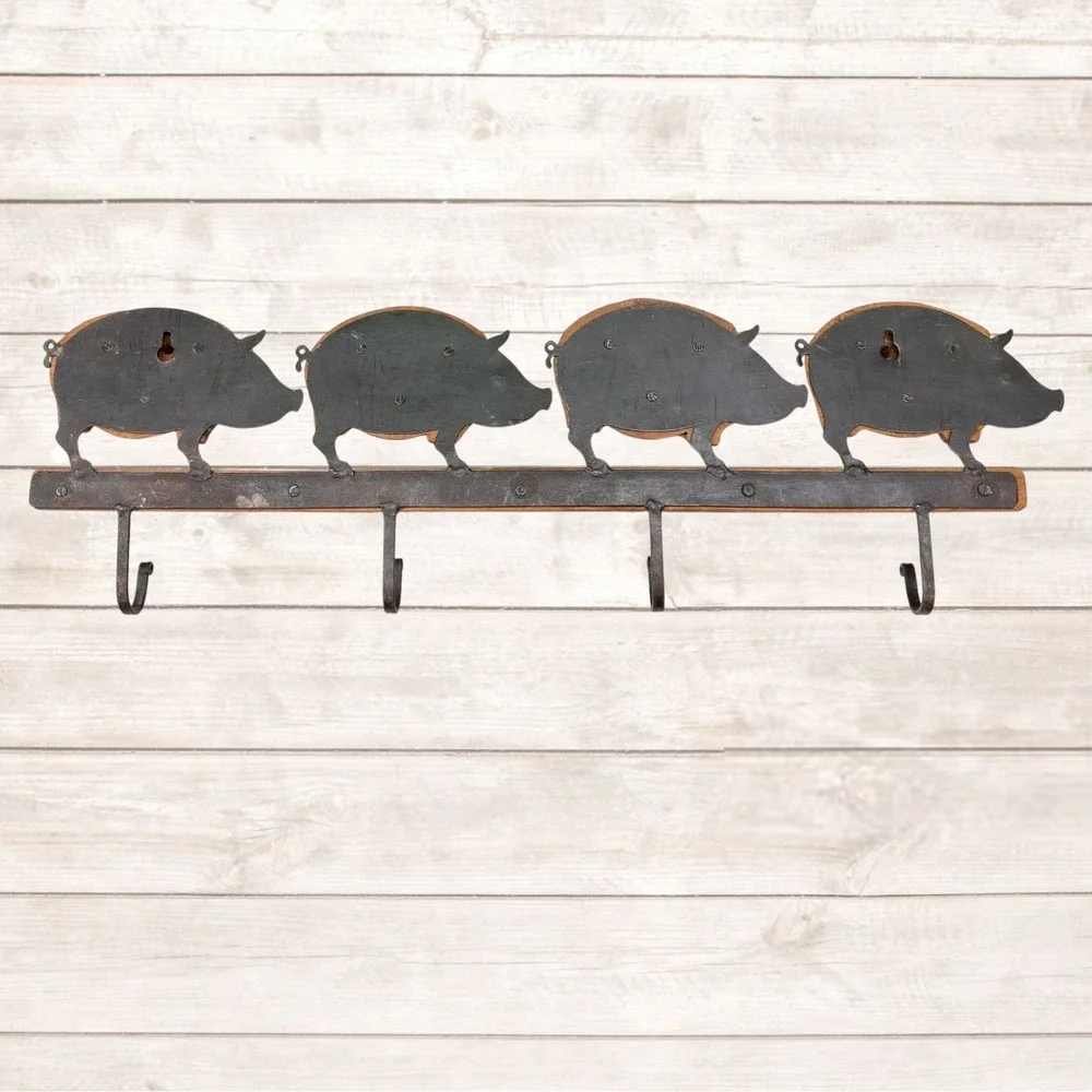 Rustic Wood and Metal Pig Wall Mount Coat Rack 4 Hook Farmhouse Entryway Decor